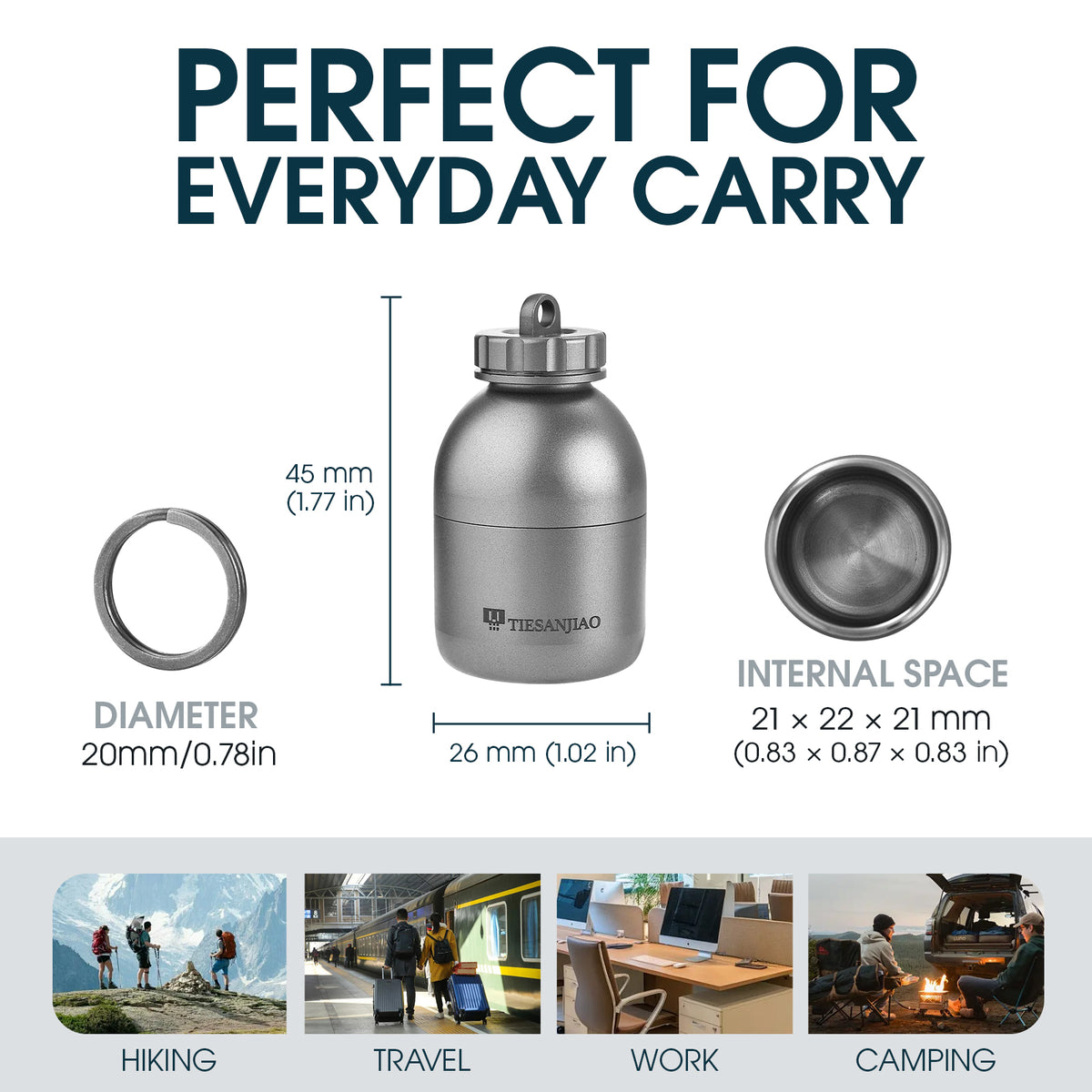 TIESANJIAO TC4 Titanium Mini Waterproof Capsule | EDC Pill Container, Sandblasted & Stonewashed Finish