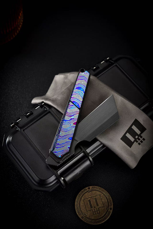 T01 Bauhaus Titanium Zirconium Damascus Folding Knife | M390 Steel EDC Tool