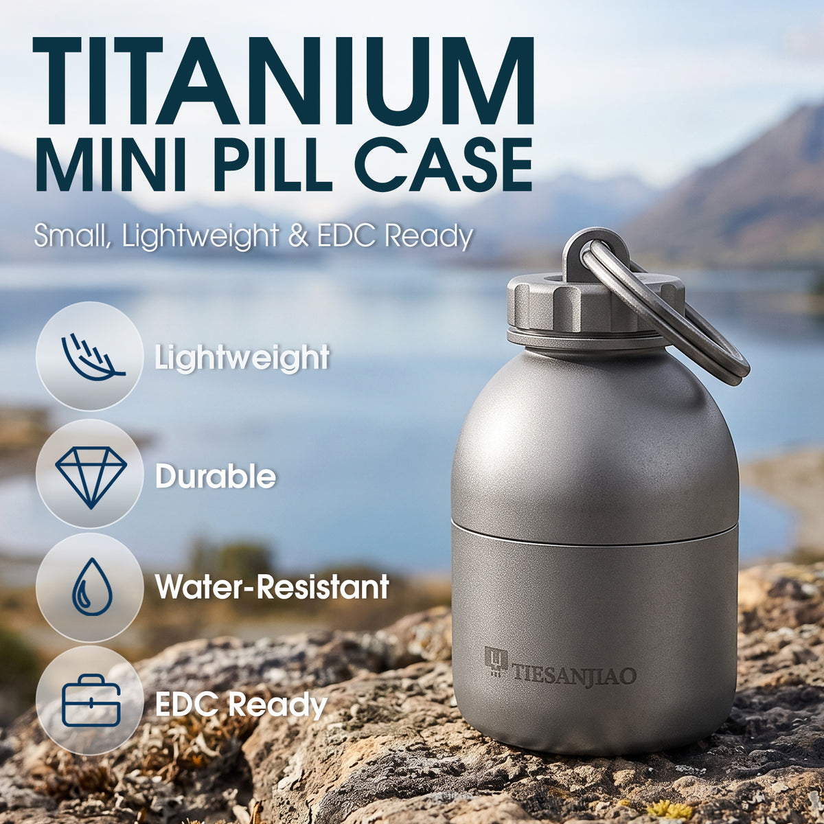 TIESANJIAO  TC4 Titanium Mini Waterproof Capsule | EDC Pill Container, Sandblasted & Stonewashed Finish