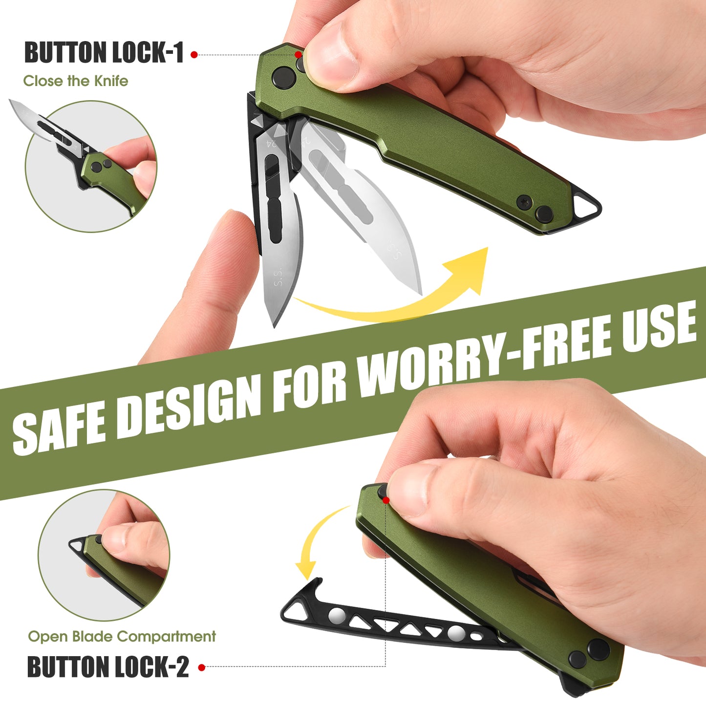 TIESANJIAO Button Lock Scalpel Blade Box Cutter, Aluminum Alloy Handle (Green)