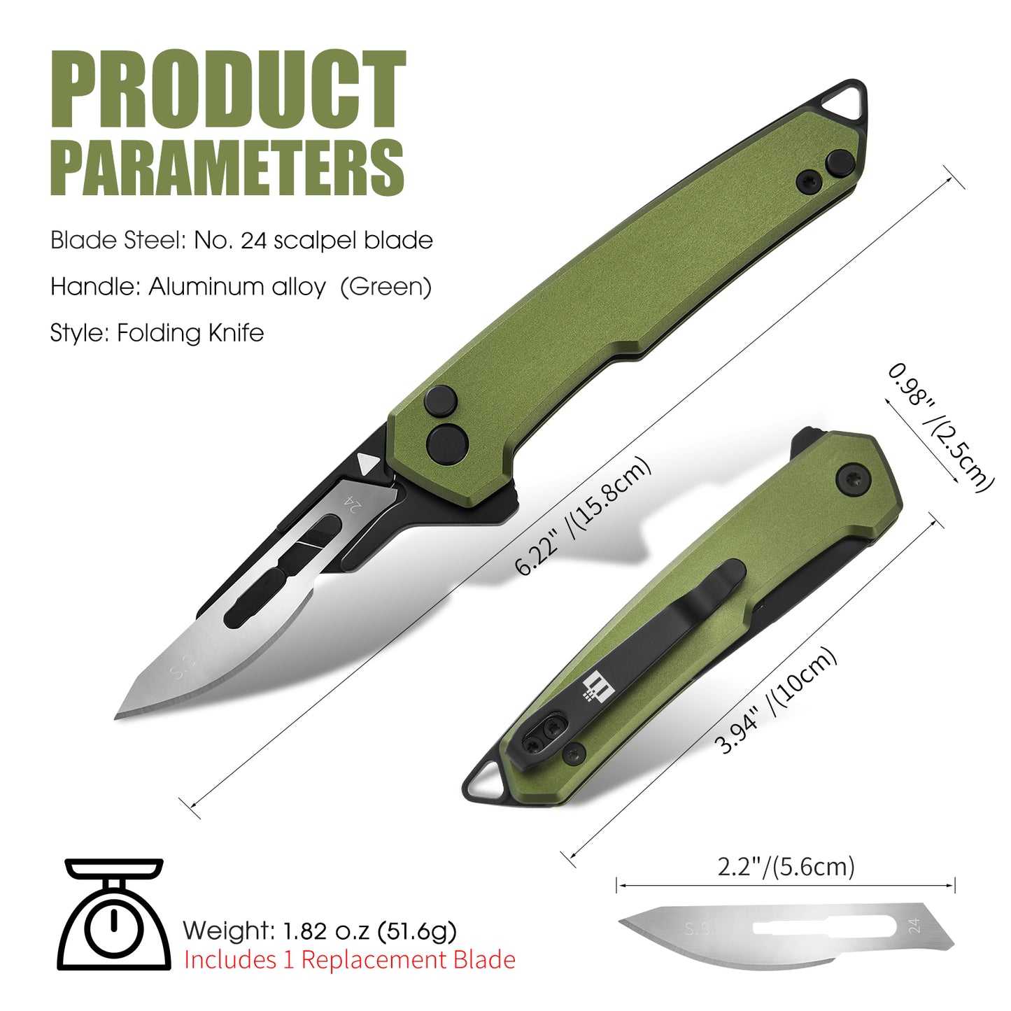 TIESANJIAO Button Lock Scalpel Blade Box Cutter, Aluminum Alloy Handle (Green)