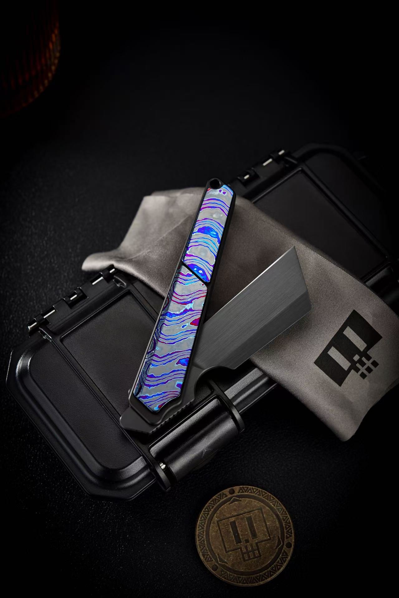 T01 Bauhaus Titanium Zirconium Damascus Folding Knife | M390 Steel EDC Tool