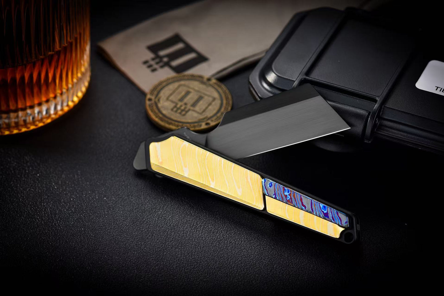 T01 Bauhaus Titanium Copper Damascus Pocket Knife | M390 Steel EDC Tool